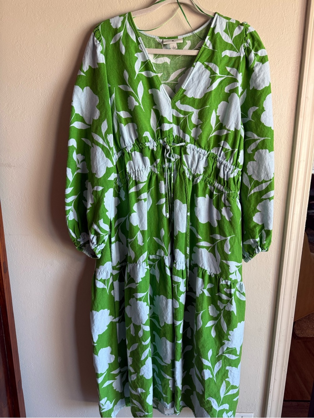 Kate Spade New York Large Green Floral Long Sleeve Maxi Dress Drawstring